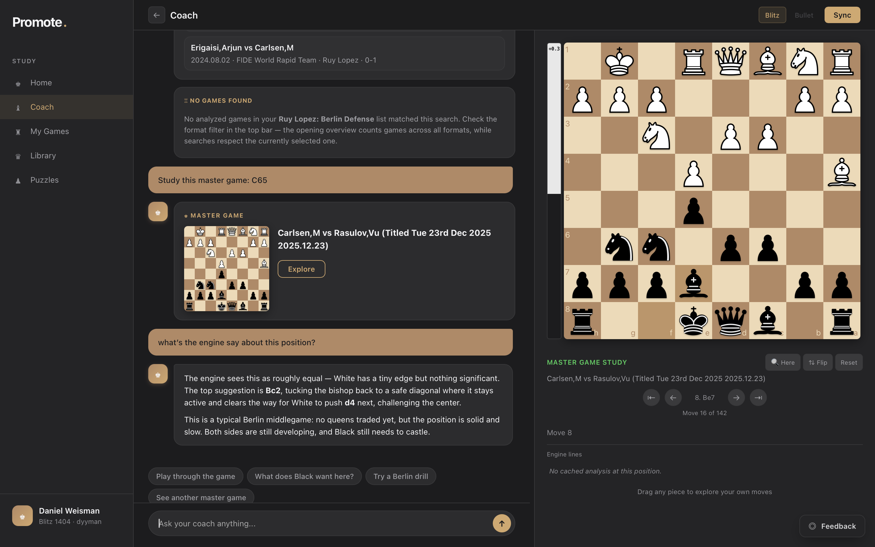 Promote Coach studying the Berlin Defense: surfaces master games, explains the engine evaluation, and offers follow-up actions.