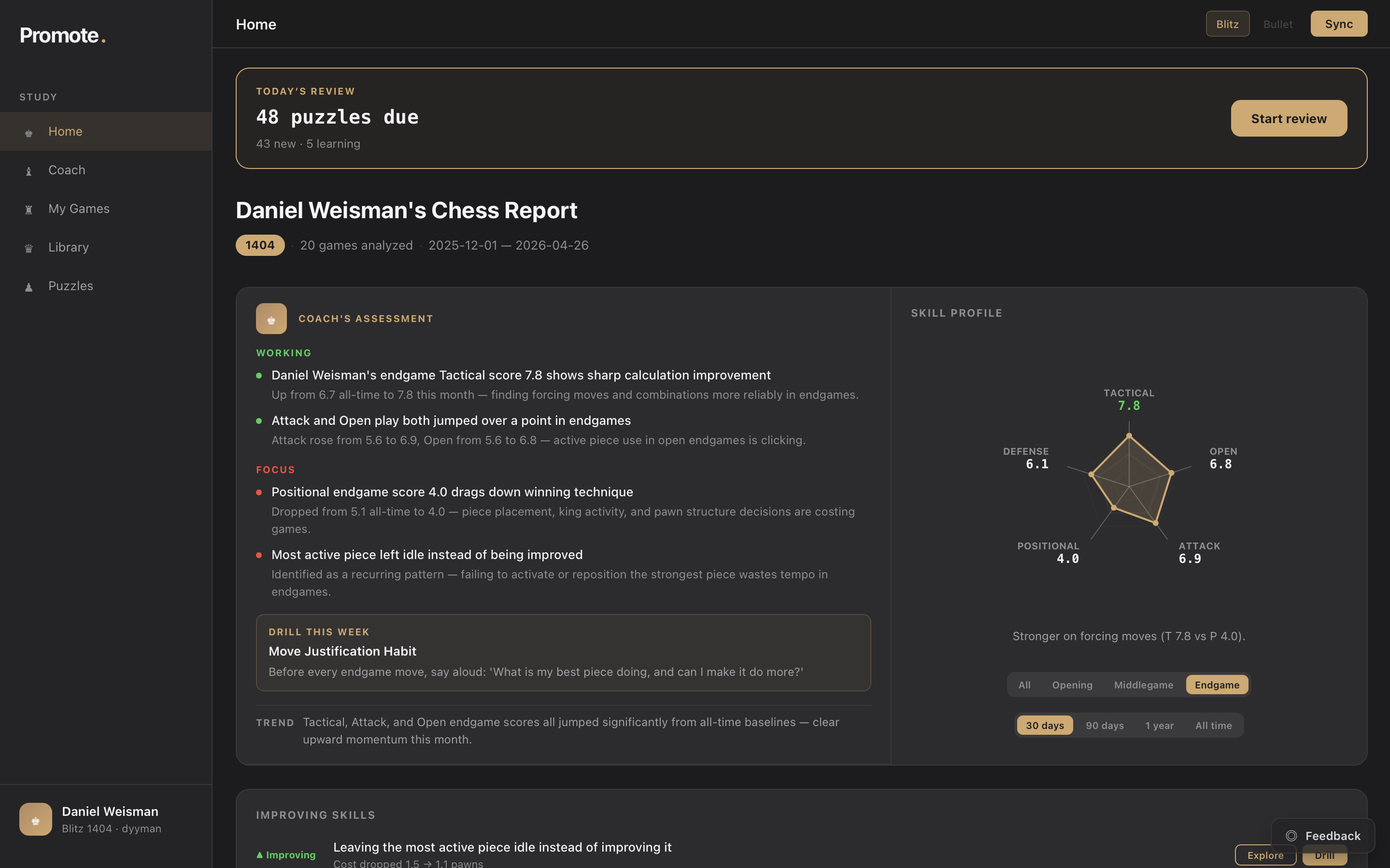 Promote Home view: Daniel Weisman's Chess Report with skill profile radar, working and focus highlights, and a recommended drill of the week.