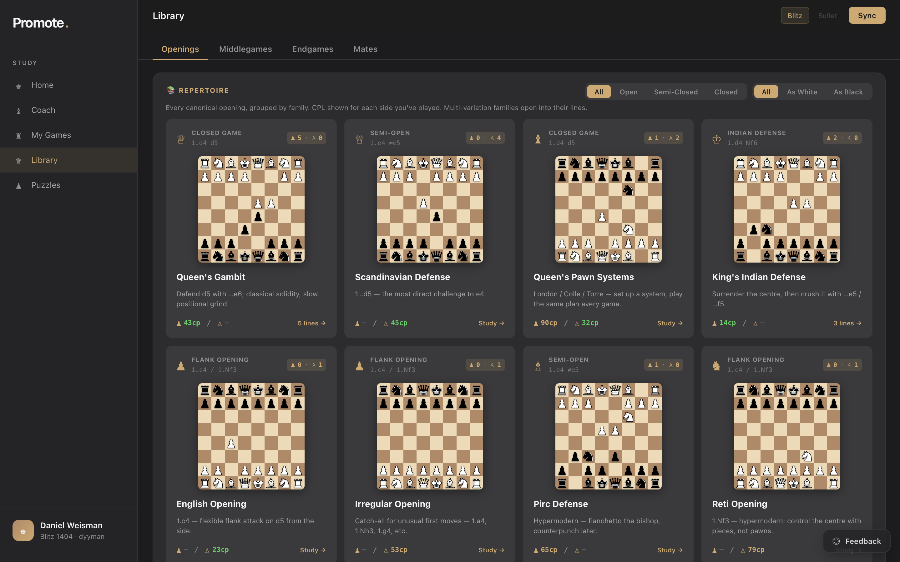 Promote Library: every canonical opening grouped by family with CPL stats per side, repertoire cards for Queen's Gambit, Scandinavian, King's Indian, English, and more.
