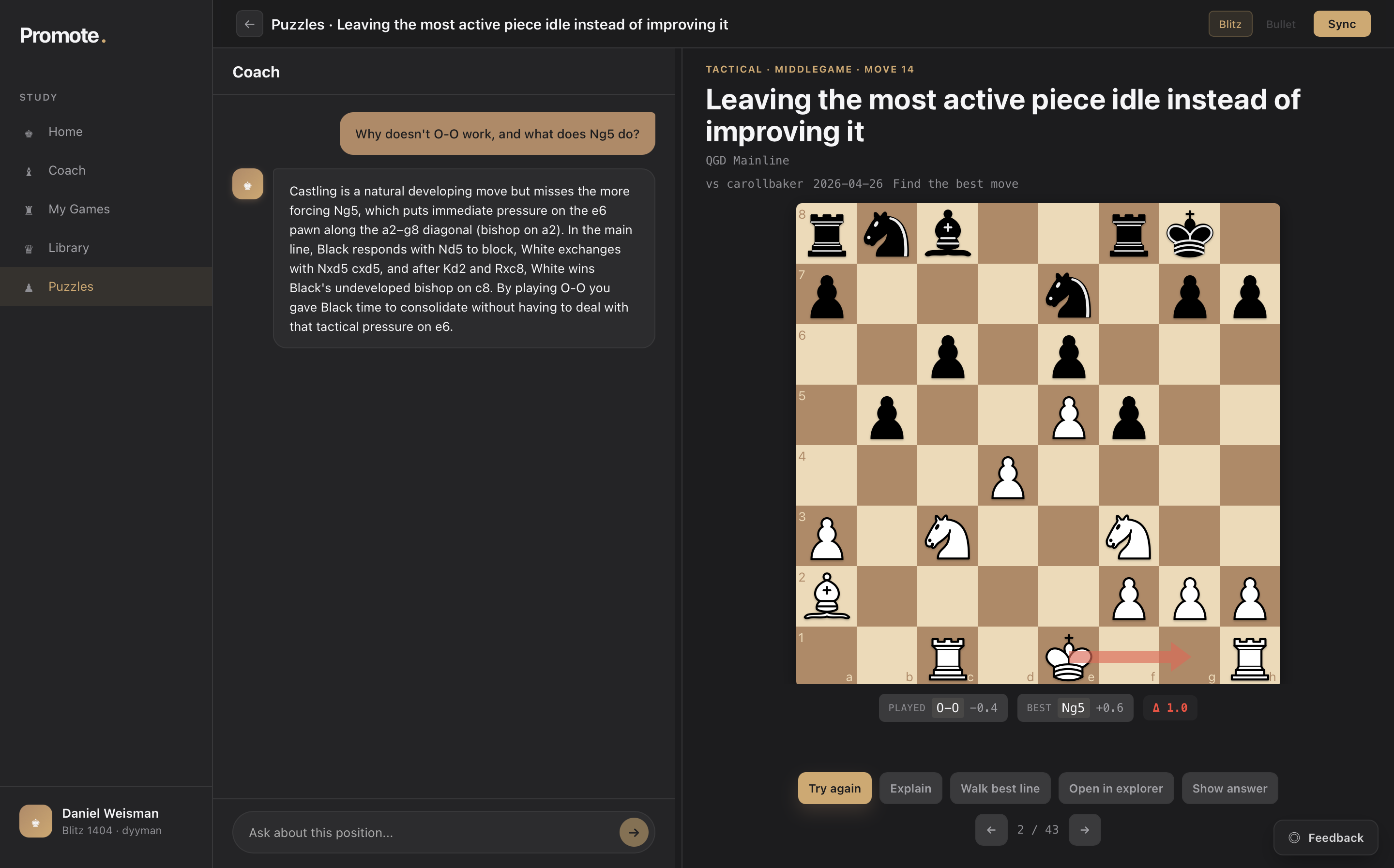 Promote Coach explaining why castling fails and Ng5 is the better move in a Queen's Gambit Declined middlegame puzzle.